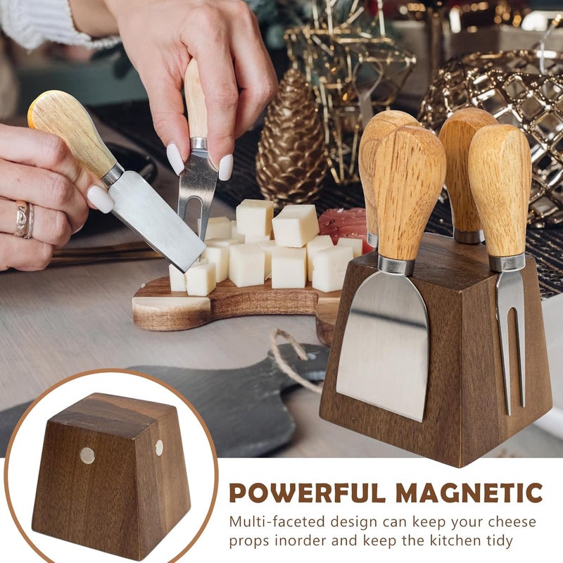 HEORIM Cheese Knife Set for Charcuterie - 4 Small Stainless Steel Cheese Knives and Fork with Magnetic Acacia Wood Holder - Charcuterie Board Accessories - Image 2